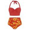 Tummy Control Bikini Swimsuit Sunflower Print Swimwear Ruched Halter Underwire Push Up Summer Beach Bathing Suit - BLACK S