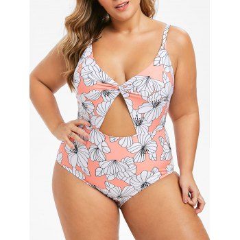 

Twist Floral Cutout Plus Size One-piece Swimsuit, Light salmon