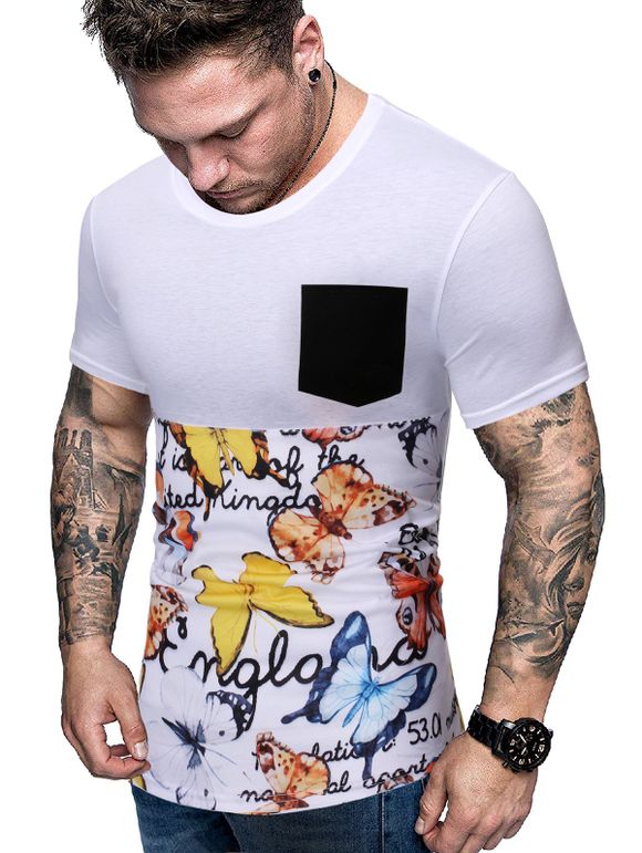 T-shirt Décontracté Contrasté Papillon Imprimé avec Poche - Blanc XL