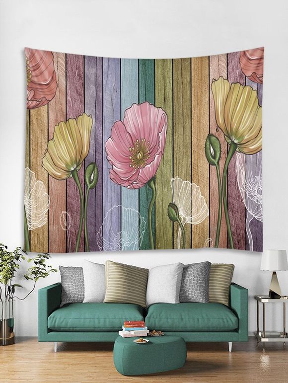 Tapisserie Murale Pendante Art Décoration Fleur Colorée et Grain de Bois Imprimés - multicolor A 200*180CM