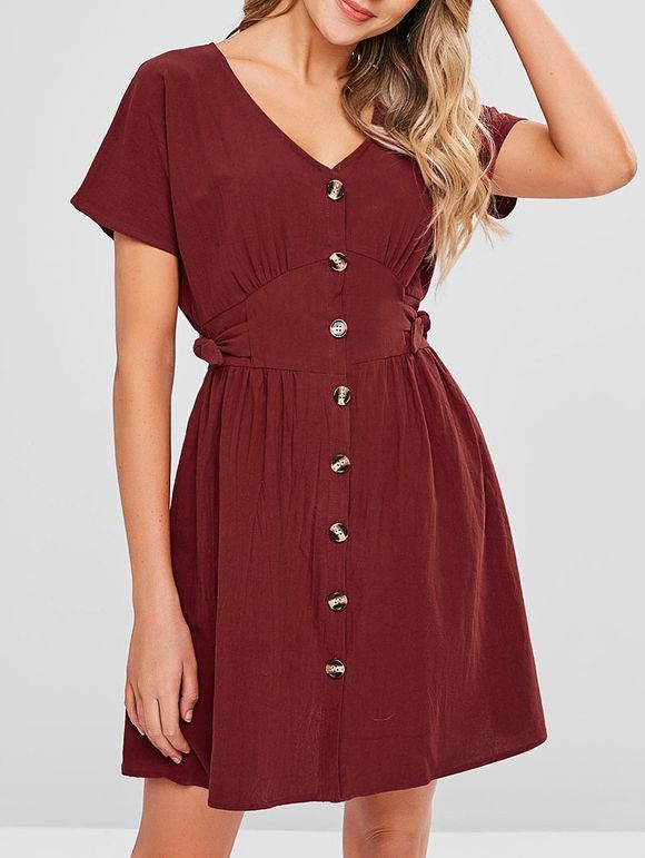 Mini-robe à col en V et boutonnage noué sur le côté - Châtaigne Rouge XL