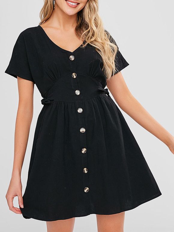 Mini-robe à col en V et boutonnage noué sur le côté - Noir XL
