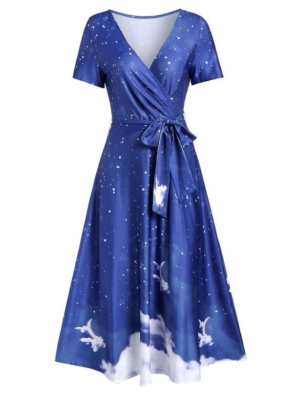 Sky Print Plunge Maxi Dress avec Ceinture - Bleu Cobalt 2XL