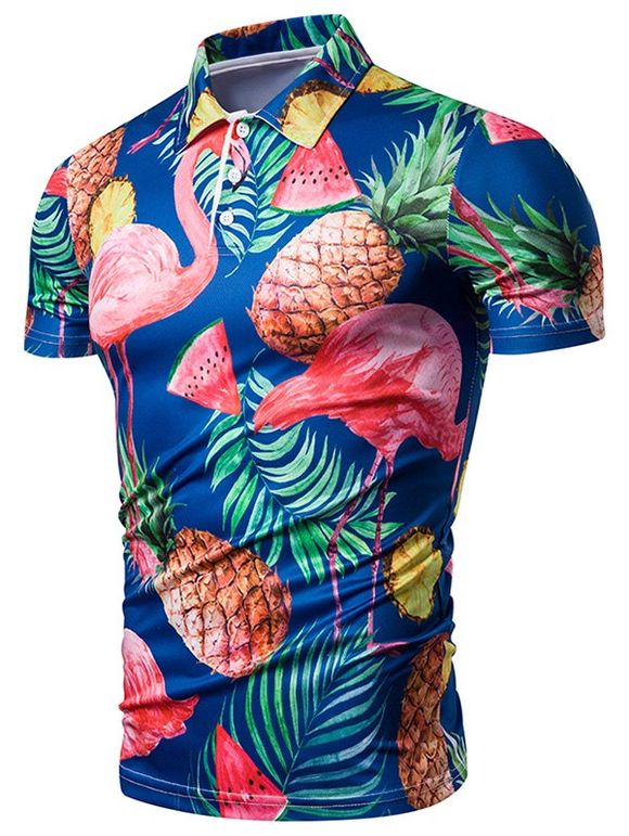 T-shirt Ananas Tropical et Flamant Imprimés à Col de Chemise - Bleu XL