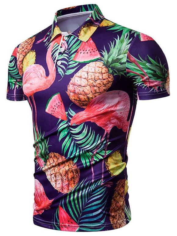 T-shirt Ananas Tropical et Flamant Imprimés à Col de Chemise - Pourpre 2XL