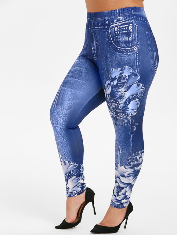 Legging 3D Fleuri Imprimé de Grande Taille en Jean - Bleu Myrtille 2X