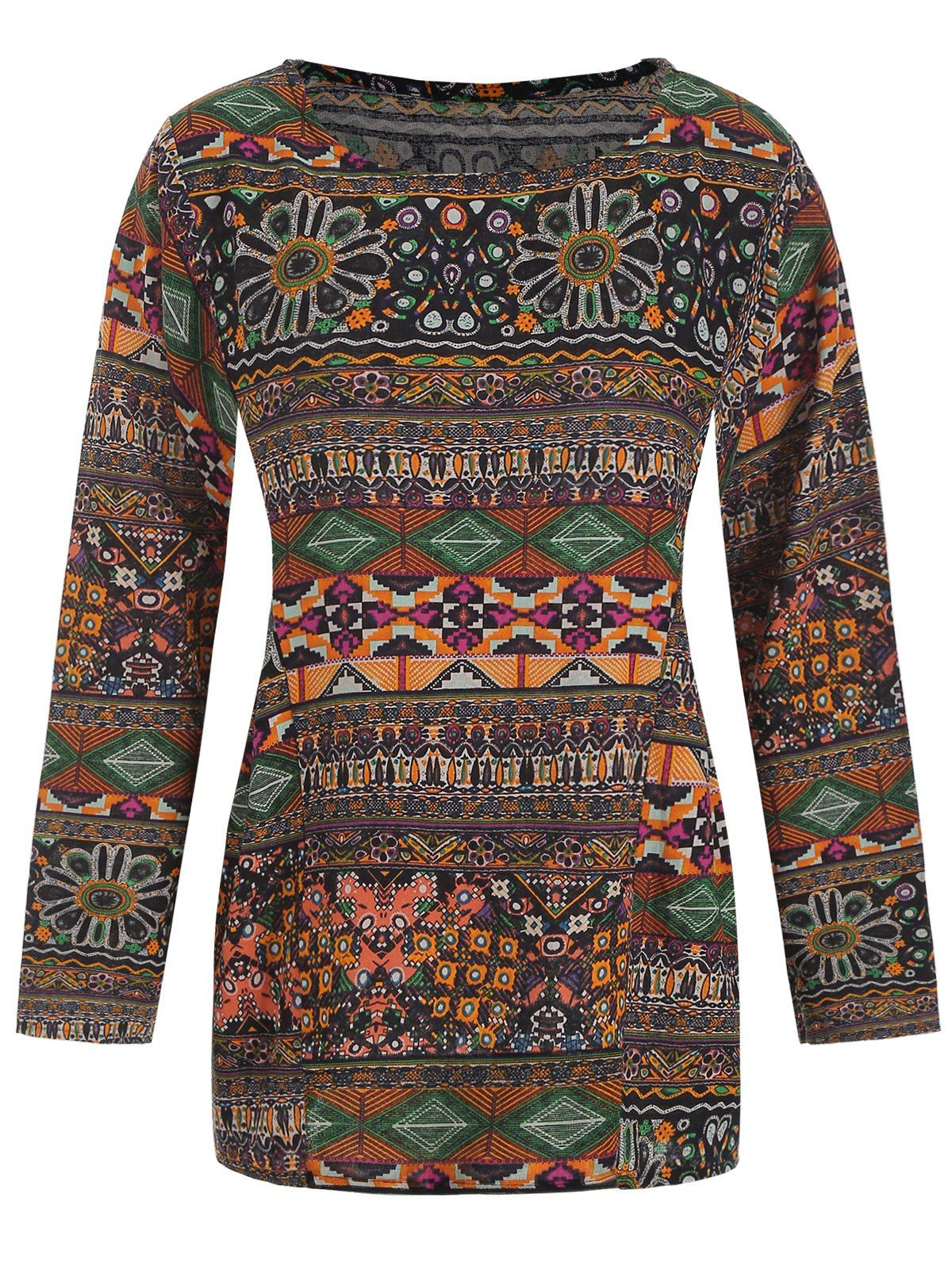 

Long Sleeves Tribal Print Loose Blouse, Multi-a