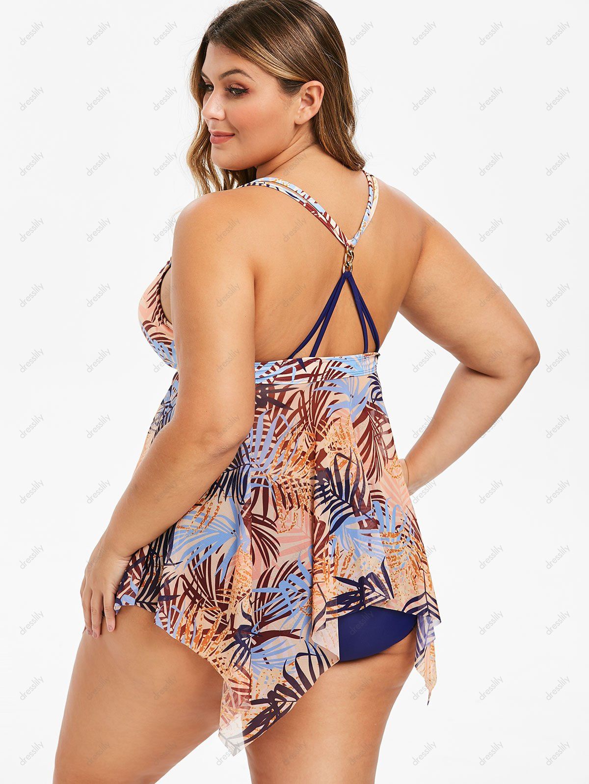 Photo Gallery Plus Size Leaf Print Mesh Handkerchief Tankini Set 3273