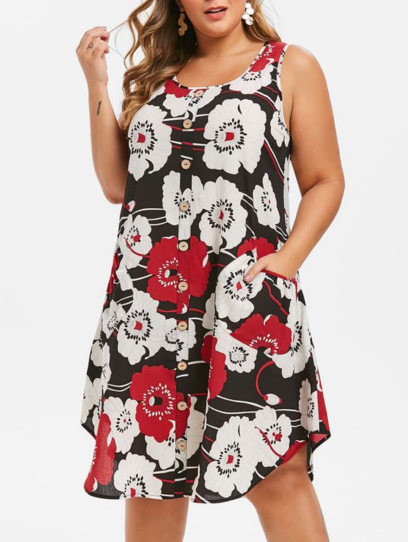 Robe Trapèze Fleurie Imprimée avec Boutons de Grande Taille - Noir L