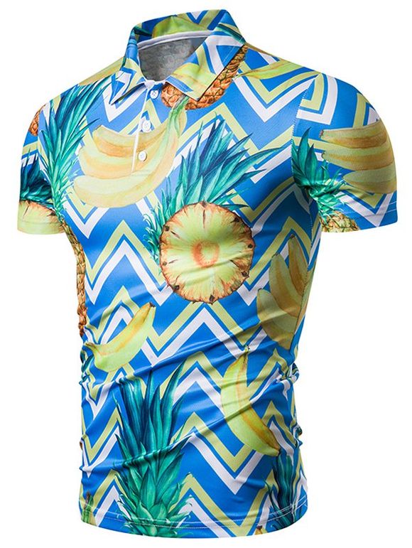 T-shirt Zigzag Ananas Imprimé à Col de Chemise - Bleu XL