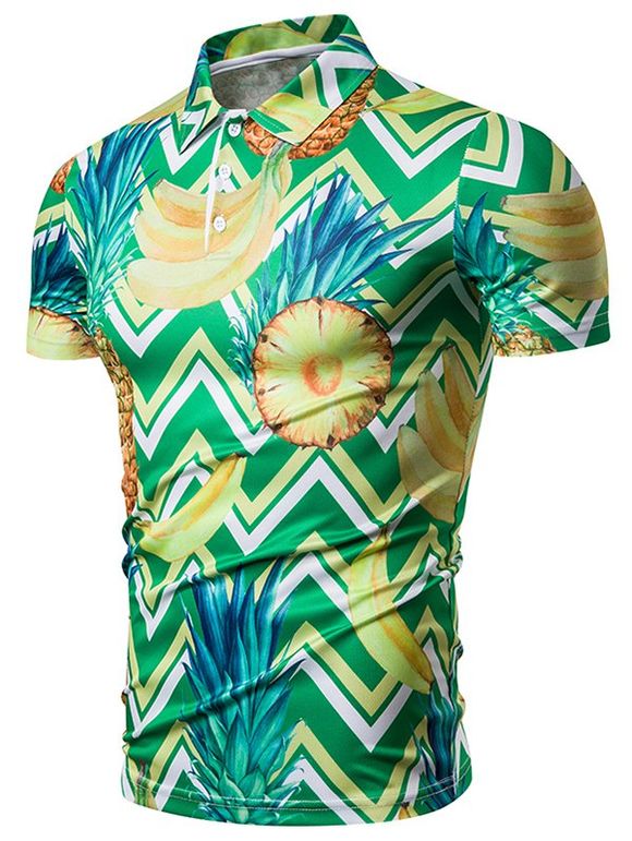 T-shirt Zigzag Ananas Imprimé à Col de Chemise - Vert 2XL