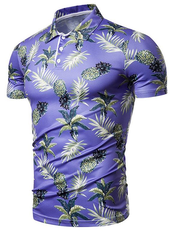 T-shirt Palmier Ananas Imprimés à Col de Chemise - Pourpre XL