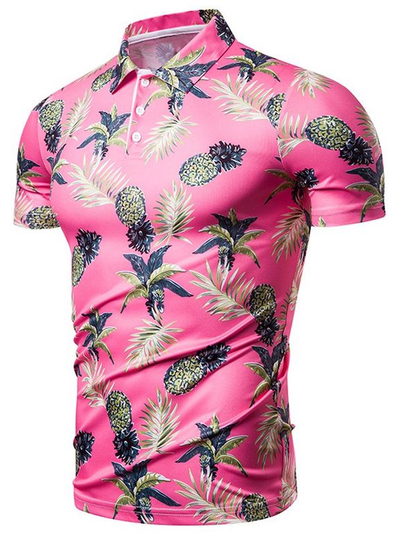 T-shirt Palmier Ananas Imprimés à Col de Chemise - Rose M
