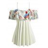Maillot de Bain Tankini Feuille Imprimée à Epaule Dénudée à Volants de Grande Taille - Blanc Froid L