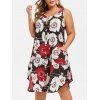 Robe Trapèze Fleurie Imprimée avec Boutons de Grande Taille - Noir L