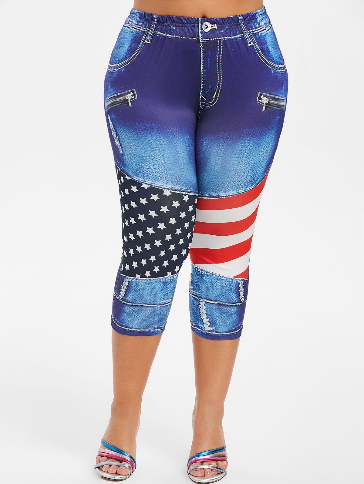 

American Flag 3D High Waisted Capri Plus Size Jeggings, Blue