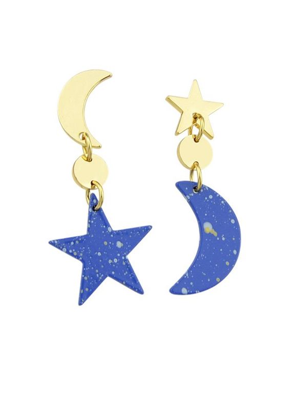 Boucles d'Oreilles Asymétriques Pendantes Lune et Etoile Design - Bleu Océan 