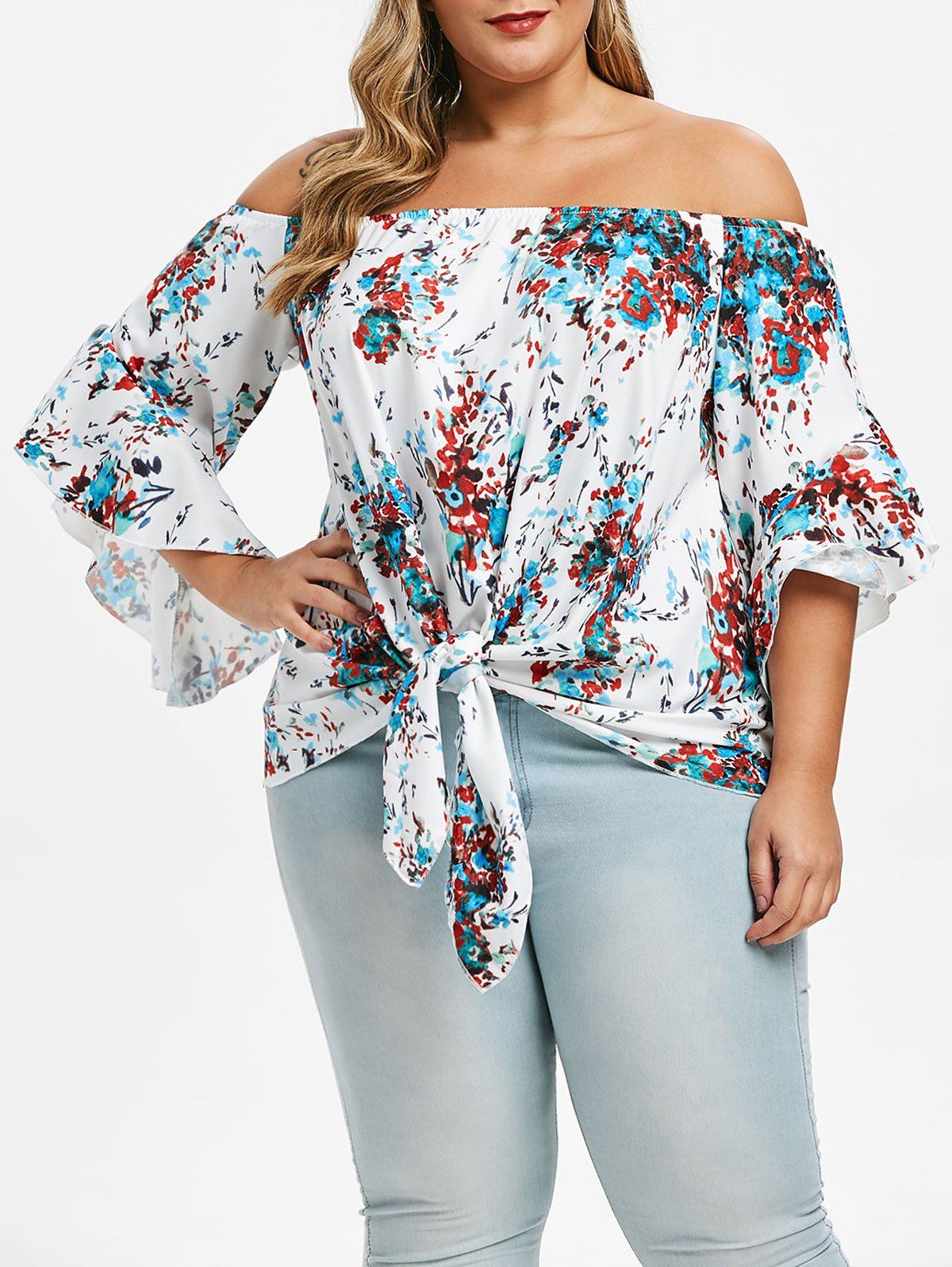 

Printed Tie Plus Size Off The Shoulder Top, Multi-a