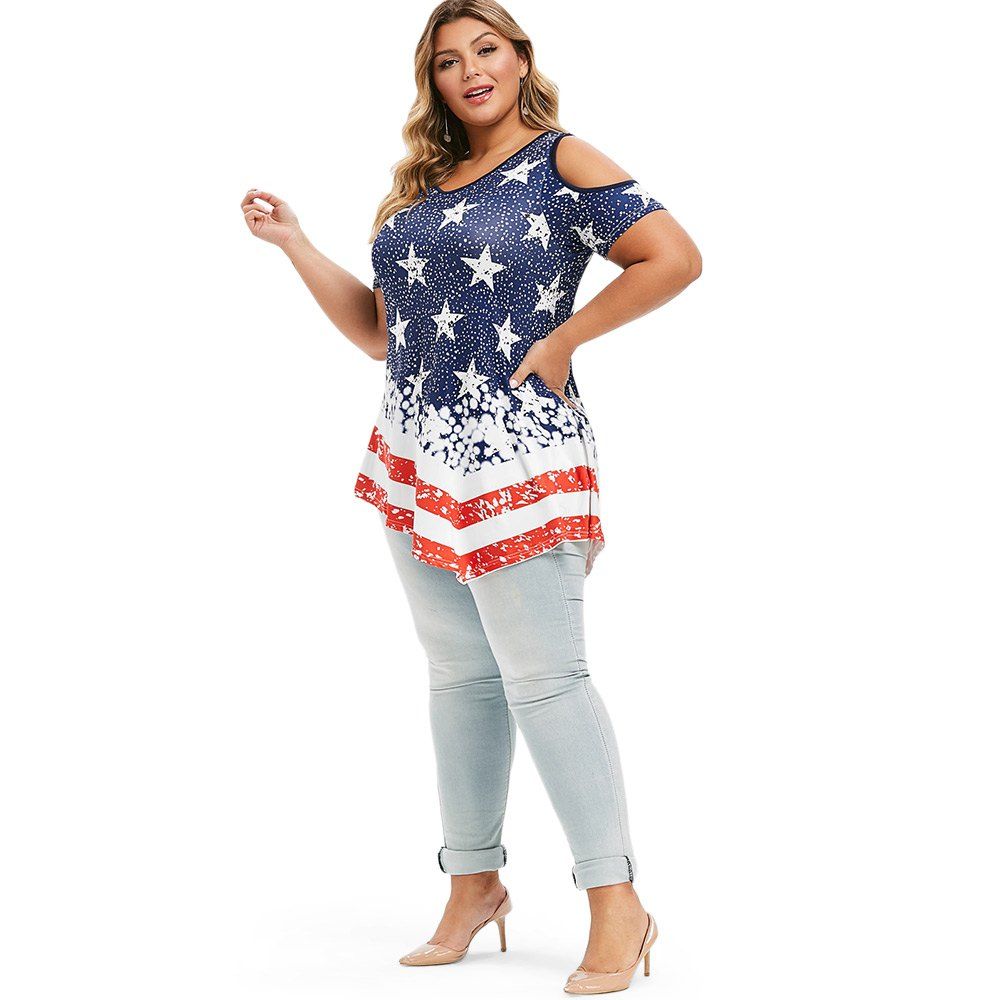 

Plus Size Open Shoulder American Flag Print T-shirt, Navy blue