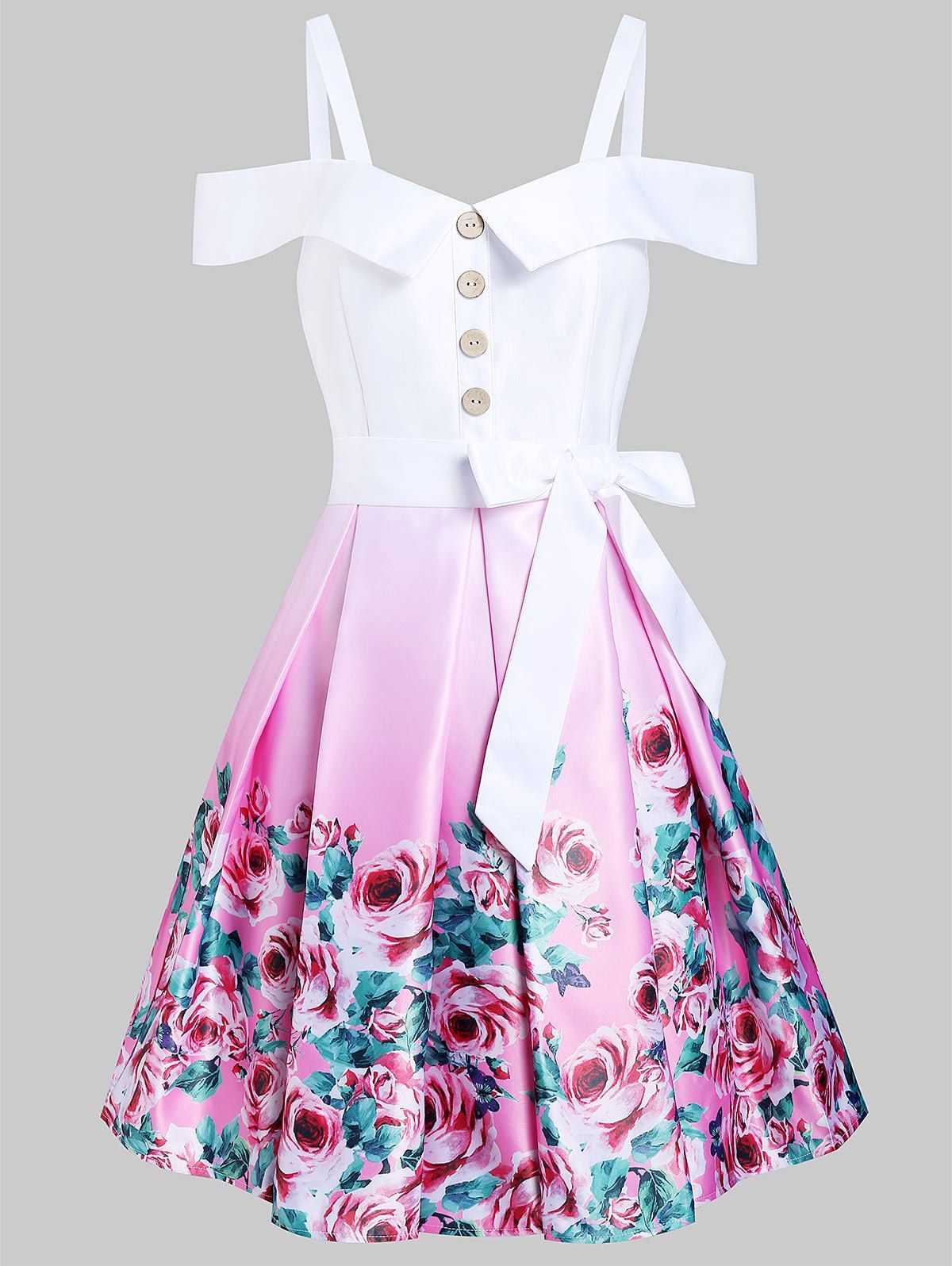 A Line Cold Shoulder Floral Print Dress - WHITE L