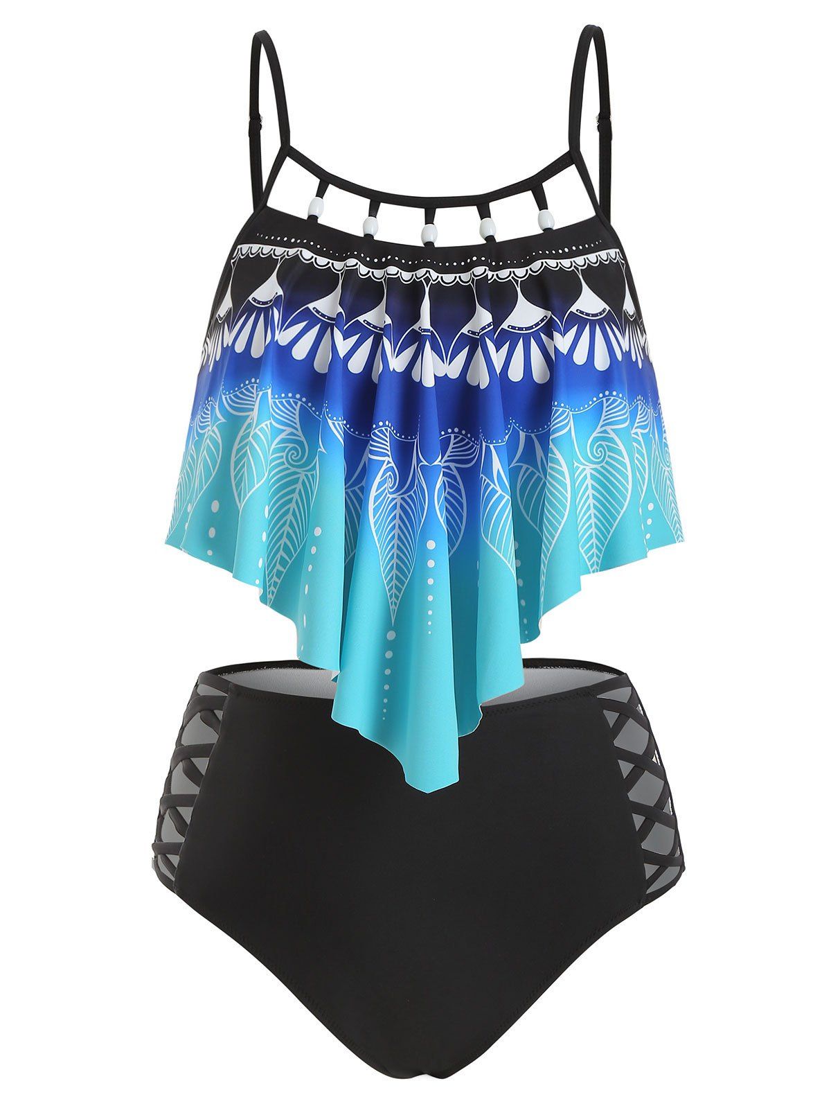 Leaf Print Beading Embellished Criss Criss Tankini Swimsuit - multicolor 3XL