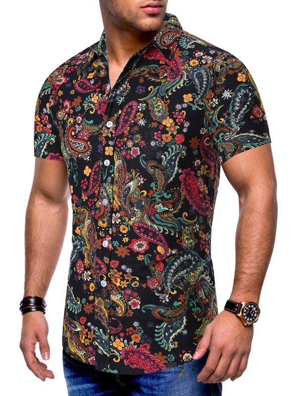 [35% OFF] 2021 Paisley Floral Print Short Sleeves Shirt In BLACK ...