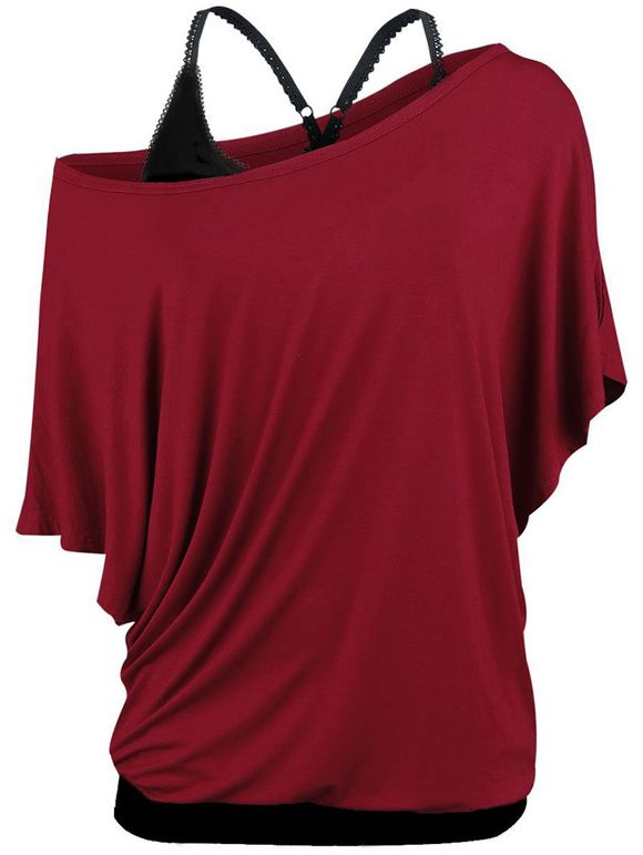 Ensemble de T-shirt de Grande Taille à Col Oblique et de Haut à Bretelle - Rouge Vineux 2X