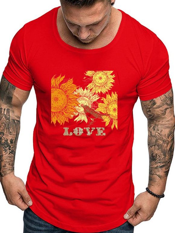 T-shirt Fleur et Lettre Imprimées à Manches Courtes - Rouge L