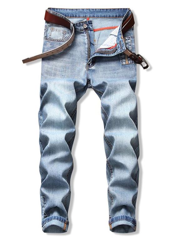 Pantalon Simple Délavé Zippé en Denim - Bleu gris 42