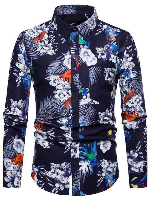 Chemise à manches longues de style décontracté à imprimé fleuri - Bleu de Minuit 2XL