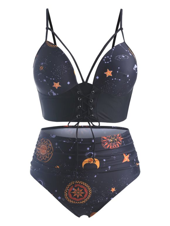 Maillot de Bain Bikini Lune et Soleil Imprimés de Grande Taille à Lacets - Noir 5X