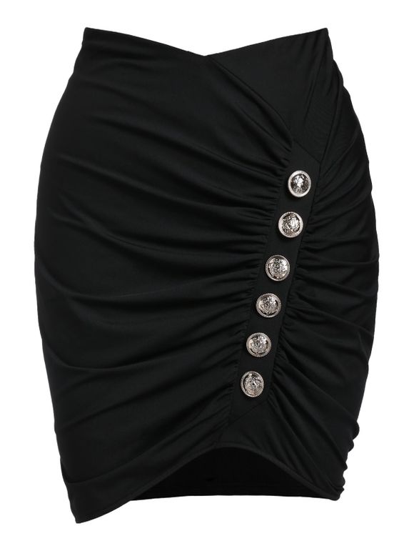 Mini Jupe Moulante Embellie de Bouton de Grande Taille avec Bouton - Noir 1X