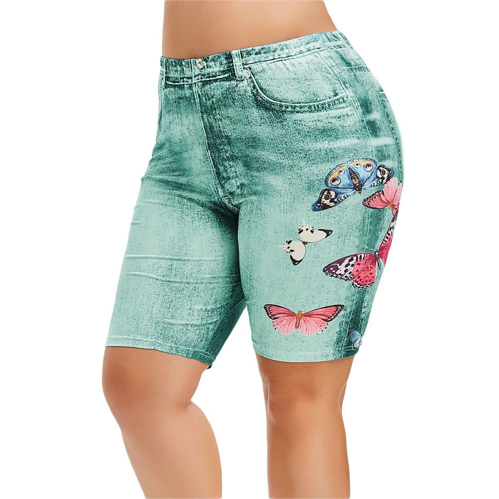 

3D Butterfly Jean Print Plus Size Shorts, Blue hosta