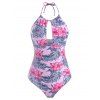 Halter Leaves Floral Cut Out Swimsuit - VIOLET RED S