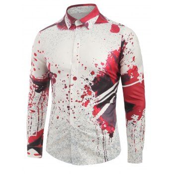 

Paint Splatter Print Long Sleeve Button Up Shirt, White
