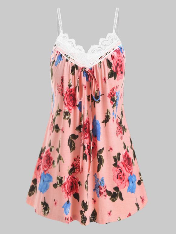 Plus Size Floral Tie Imprimer Débardeur à Bretelles Spaghetti - Rose Flamant 4X