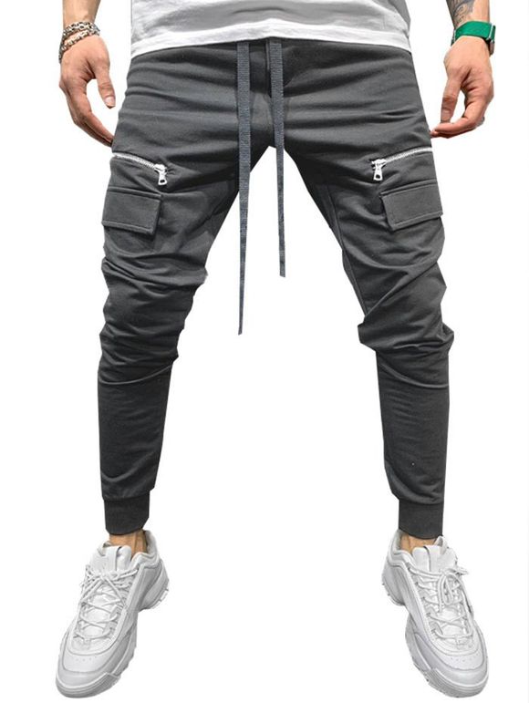 Pantalon de Jogging Zippé Décoré de Poche - Gris 2XL