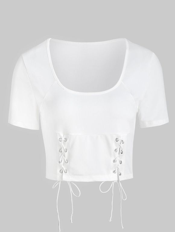 T-shirt Court Simple à Lacets - Blanc S