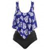 Maillot de Bain Tankini Fleuri Feuille Imprimée Superposé de Grande Taille à Volants - Bleu profond 3X