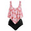 Maillot de Bain Tankini Fleuri Feuille Imprimée Superposé de Grande Taille à Volants - Rose clair L