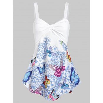 

Front Twist Floral Butterfly Tank Top, White