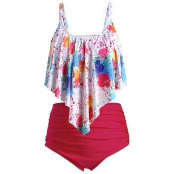 

Plus Size Splatter Paint Overlay Ruched Tankini Swimsuit, Multicolor c