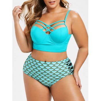 

Plus Size Scale Print Criss Cross Bustier Mermaid Bikini Swimsuit, Medium turquoise