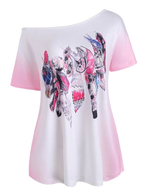 T-shirt Ombré Plume Imprimée de Grande Taille à Col Oblique - Rose 4X
