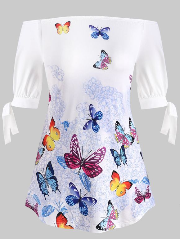 T-shirt Papillon Imprimé Epaule Dénudée de Grande Taille - Blanc 2X