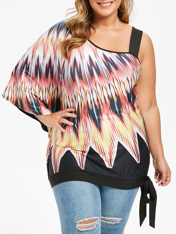 T-shirt Manches Papillon de Grande Taille à Col Oblique - multicolor 5X