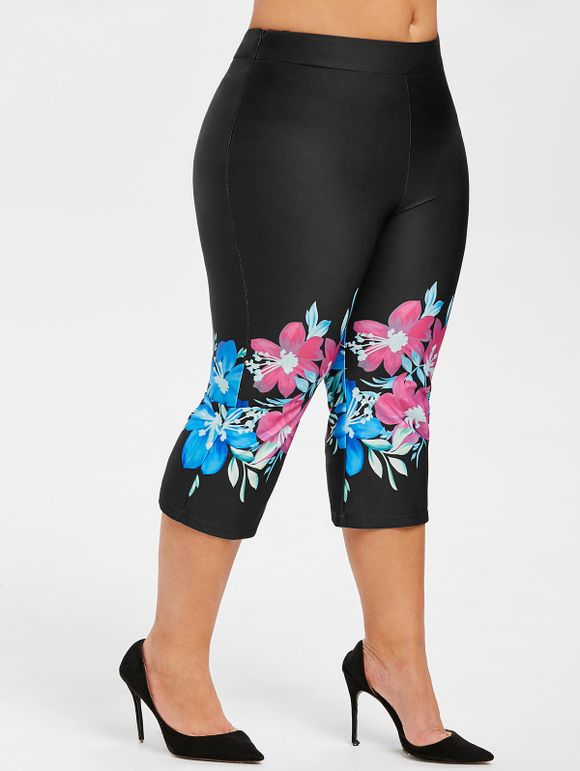 Pantalon Capri Fleuri Imprimé de Grande Taille - Noir 5X