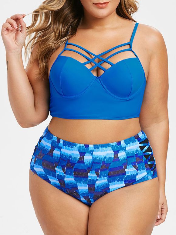 Taille Plus Criss Cross Panel Mesh Imprimer Bikini maillot de bain bustier - Bleu Cobalt 1X