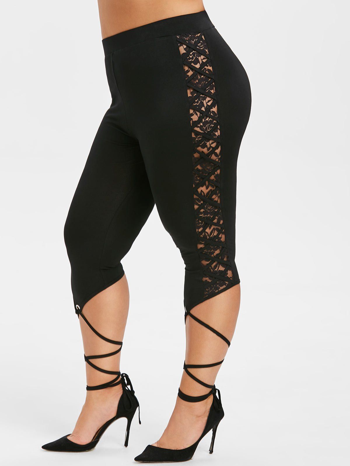 OFF Plus Size Lace Panel Tie Leg Capri Leggings In BLACK DressLily