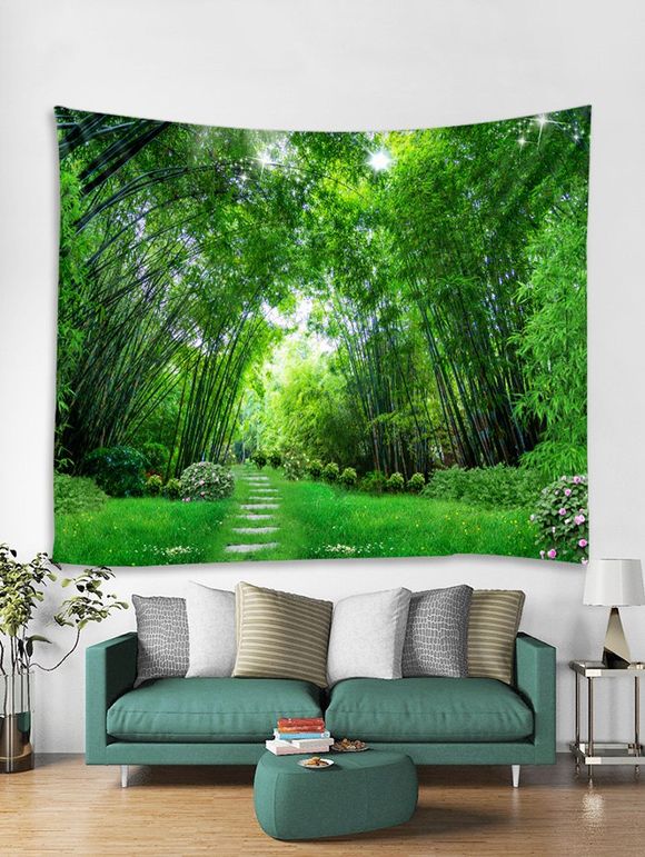 Bambou forêt sentier impression tapisserie murale art décoration - Vert Jaune W59 X L59 INCH